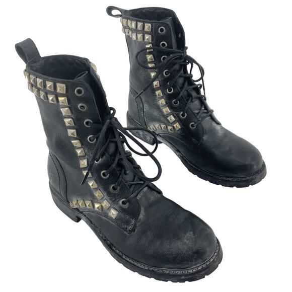 FRYE Black Leather Studded Moto Biker Boots Women's Size 7 Preowned - Picture 1 of 6